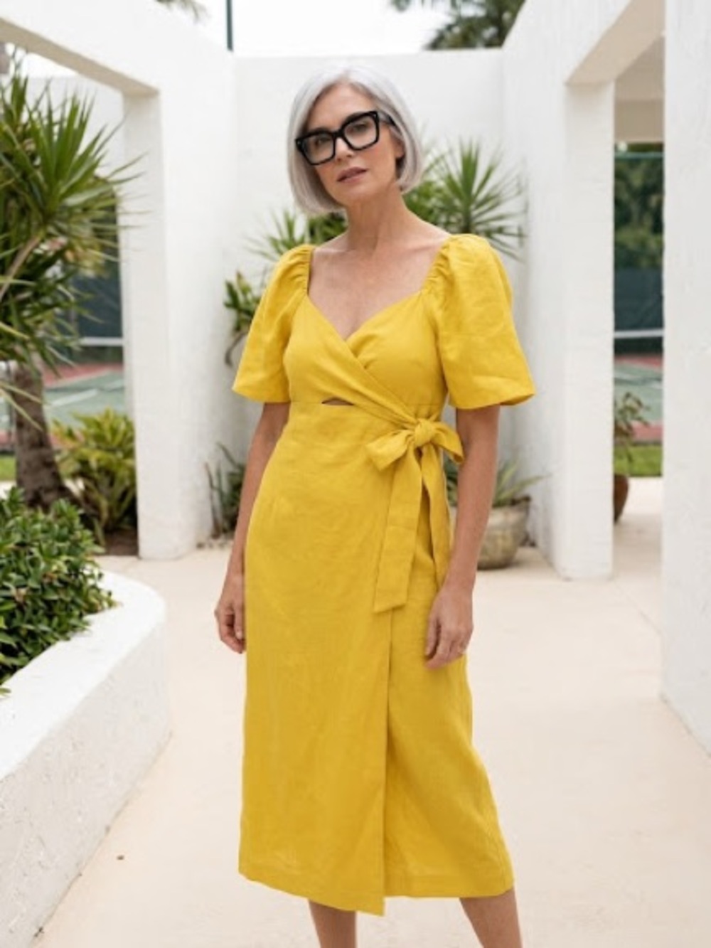 Banana Republic Yellow Wrap Midi Dress with Puff Sleeves
